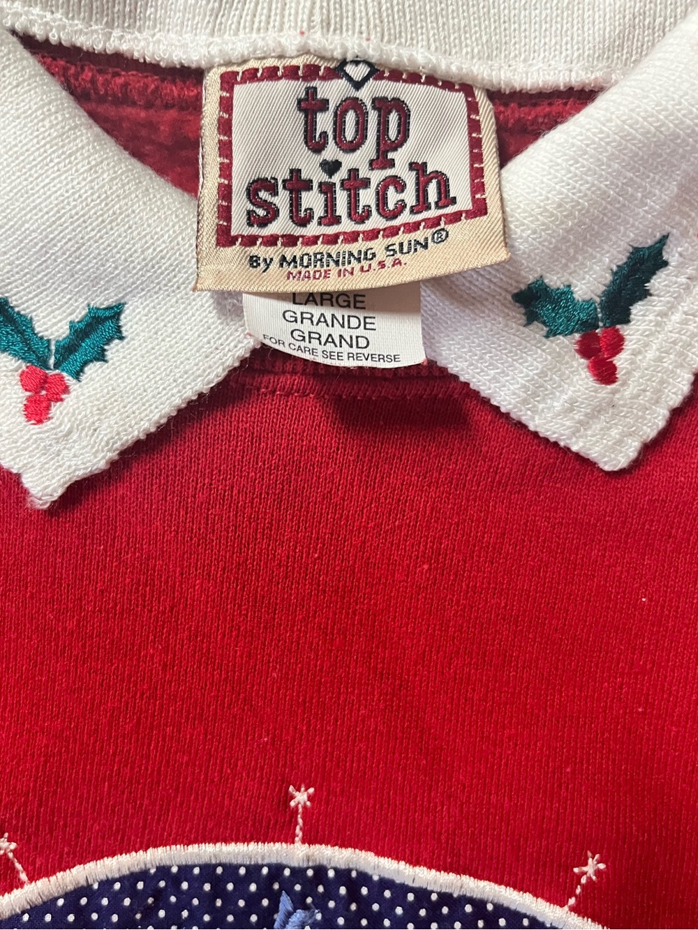 Vintage 90s Top Stitch Red Christmas Sweatshirt Embroidered Birds L - Picture 3 of 8